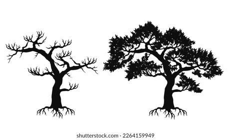 silhouette vectors trees isolated with and without leaves black and white illustration