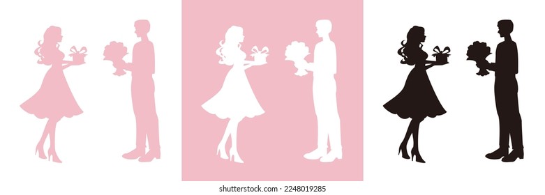Silhouette Vectors. The woman holds a box of gifts and the man holds a bouquet of flowers. Gifts as an expression of mutual affection. Pink background.Set of color variations.