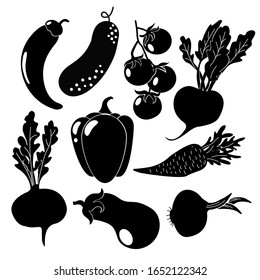 Silhouette of vegetables: pepper, cucumber, chili pepper, cherry tomatoes, eggplant, beetroot, carrots, turnip, onions. Vector image on a white background.