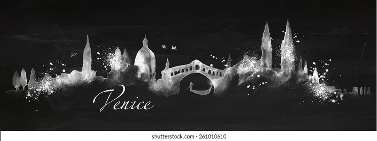 Silhouette Venice city with splashes drops and streaks landmarks drawing with chalk on blackboard