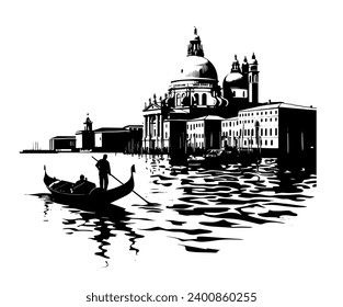 Silhouette of Venice skyline and architecture with gondola on the water. Silhouette vector illustration