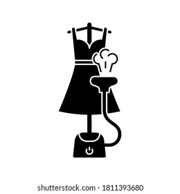 Silhouette Vertical Steamer Ironing Woman's Dress With Hot Air. Outline Illustration Of Electric Laundry Equipment. Floor Steam Generator, Flexible Hose, Hanger, Nozzle. Flat Isolated Vector Pictogram