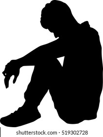 Silhouette of Very sad man sitting alone on white background, Depressed young man sitting