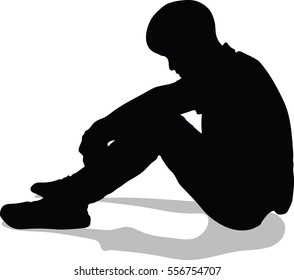 Silhouette Of Very Sad Man Sitting Alone On White Background, Depressed Young Man Sitting