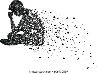 Silhouette of Very sad man sitting alone with headache touching forehead on white background