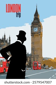 Silhouette of a victorian gentleman looking at big ben and houses of parliament in london, uk, with red double-decker buses