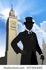 Silhouette of a victorian gentleman posing with big ben and houses of parliament in london, uk