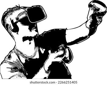 silhouette of a video game player, sketch drawing illustration of vr video game player in action