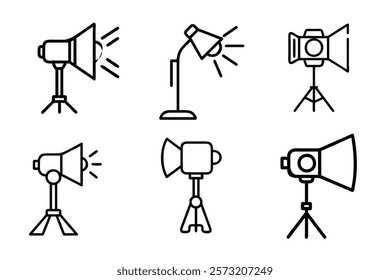 Silhouette video icon set with studio equipment and photography tools