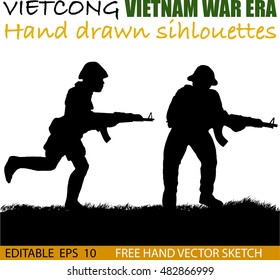 Silhouette Of Vietnamese Soldier Or Guerrilla Force Circa Late 1960's In Vietnam. Artist Illustration.