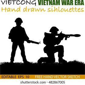 Silhouette Of Vietnamese Soldier Or Guerrilla Force Circa Late 1960's In Vietnam. Artist Illustration.