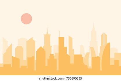 Silhouette view of the big city when sun set in orange tone sky for wallpaper or background