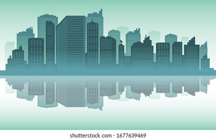 Silhouette of view city in the lake.