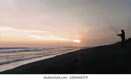 silhouette view of fishing on a wavy beach