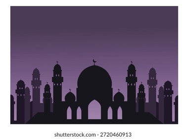 Vista de la silueta de la mezquita y el minarete, Ilustración vectorial con fondo cálido de la puesta del sol, viaje o concepto de cultura.