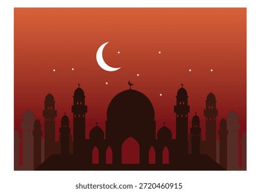 Vista de la silueta de la mezquita y el minarete, Ilustración vectorial con fondo cálido de la puesta del sol, viaje o concepto de cultura.