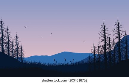 Silhouette view of mountains with dry eastern trees at dusk from the outskirts of the city. Vector illustration of a city
