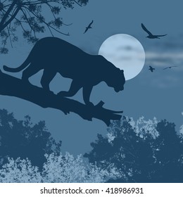 Silhouette view of panther on a tree against the moon at blue night, vector illustration