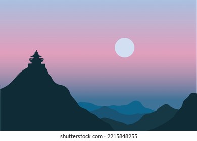 silhouette view of the temple on the mountain at sunset