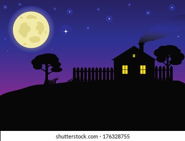 Silhouette of the village and night sky