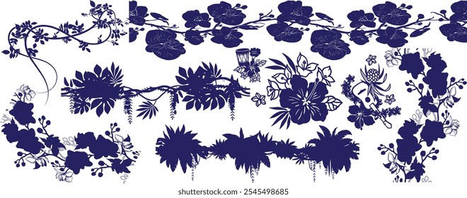 silhouette vines tropical plant drawing, Side view, set of graphics trees elements outline symbol for architecture and landscape design drawing.