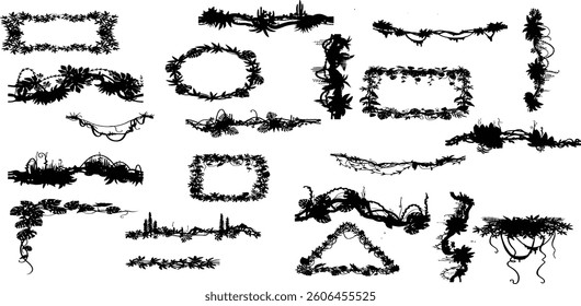 silhouette vines tropical plant drawing, Side view, set of graphics trees elements outline symbol for