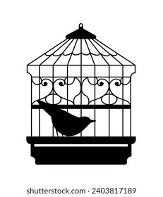 Silhouette of vintage cage with metal swirls and decorations. Isolated caged bird, avian animal with plumage and long tail. Zoo or et shop with assortment of birdies. Vector in flat style illustration
