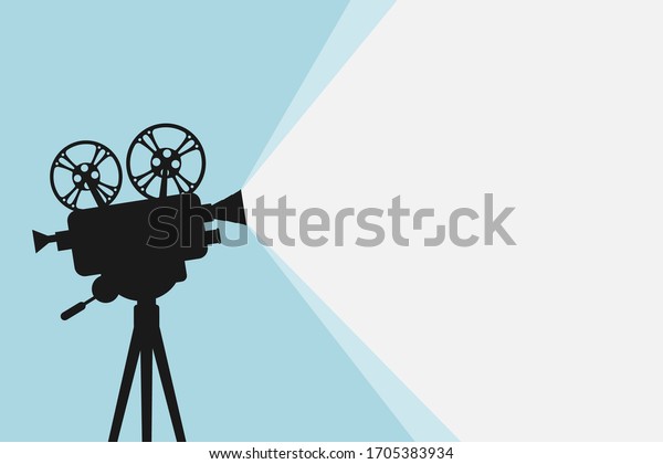 Silhouette of vintage cinema projector on a
tripod. Cinema background. Movie festival template for banner,
flyer, poster or tickets. Old film projector with place for your
text. Movie time
concept.