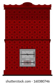 Silhouette of vintage masonry heater (Kachelofen) on a white background.
