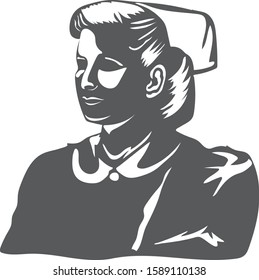 Silhouette of vintage profession nurse in black and white negative