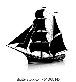 silhouette vintage sailing ship with reflection on a white background