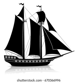 silhouette vintage sailing ship with reflection on a white background