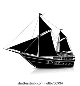 silhouette vintage sailing ship with reflection on a white background