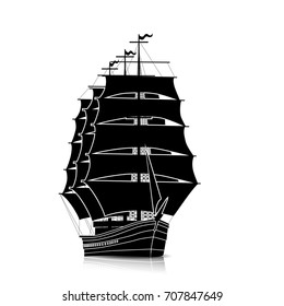 silhouette vintage sailing ship with reflection on a white background