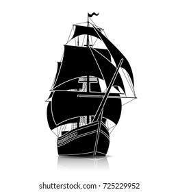 silhouette vintage sailing ship with reflection on a white background