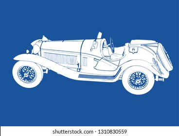 silhouette of vintage sport car on blue background vector