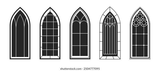 Silhouette von Kirchenrahmen aus Vintage-Buntglas. Vektor isolierte Reihe von einfachen Holzbögen, Architektur der katholischen Kathedrale, mittelalterlichen architektonischen Stil und Design. Vertikale Fenster