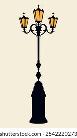 Silhouette of a vintage street lamp isolated on a beige background. Vector illustration for your retro style architectural projects