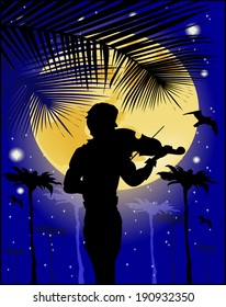 Silhouette of violinist on the background of the full moon