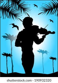 Silhouette of violinist on blue sky background