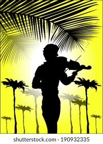 Silhouette of violinist on sunset background