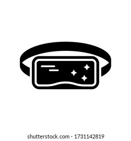 Silhouette Virtual reality glasses with elastic band on head. Black headset display with created stars. Outline illustration of 3d visualization gadget. Flat isolated vector icon of game goggles