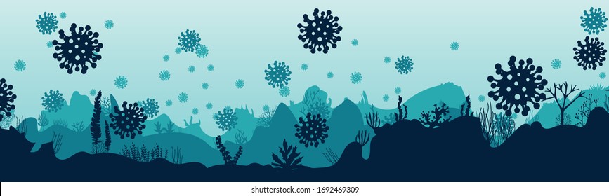 Silhouette of a virus on a reef background. An underwater scene of an ocean infected with COVID-19 Coronavirus killed all living organisms. Pandemic. vector landscape.