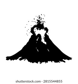 Silhouette of a volcano erupting with lava, ash, and smoke against a white background, capturing natural volcanic activity and geological phenomena.