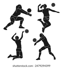 silhouette volley ball girls good for banner, flat vector illustration