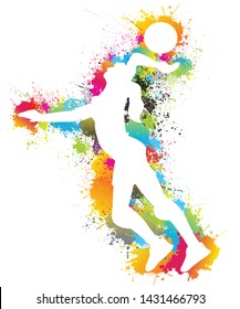 Silhouette of volleyball player, Illustration background, Vector colorful paint, drops, ink splashes, Sport, Exercise, Logo, Symbol.