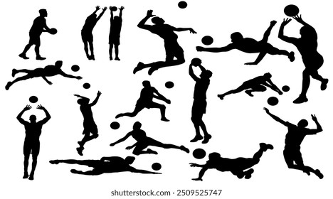 Silhouette of a volleyball player when serving, passing, smashing and blocking, vector illustration of a volleyball player