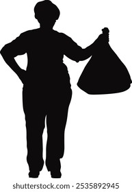 Silhouette of Volunteers Cleaning and Recycling Garbage on White Background. Environment Day Celebration. Vector Illustration