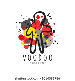 Silhouette of voodoo doll with needles for mystical store logo or label template. Spiritual or magical theme print. Hand drawn colorful vector illustration