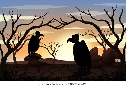 Silhouette Vulture and Forest Scene at sunset time illustration